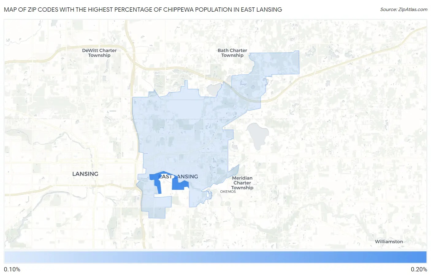 Zip Codes with the Highest Percentage of Chippewa Population in East Lansing Map
