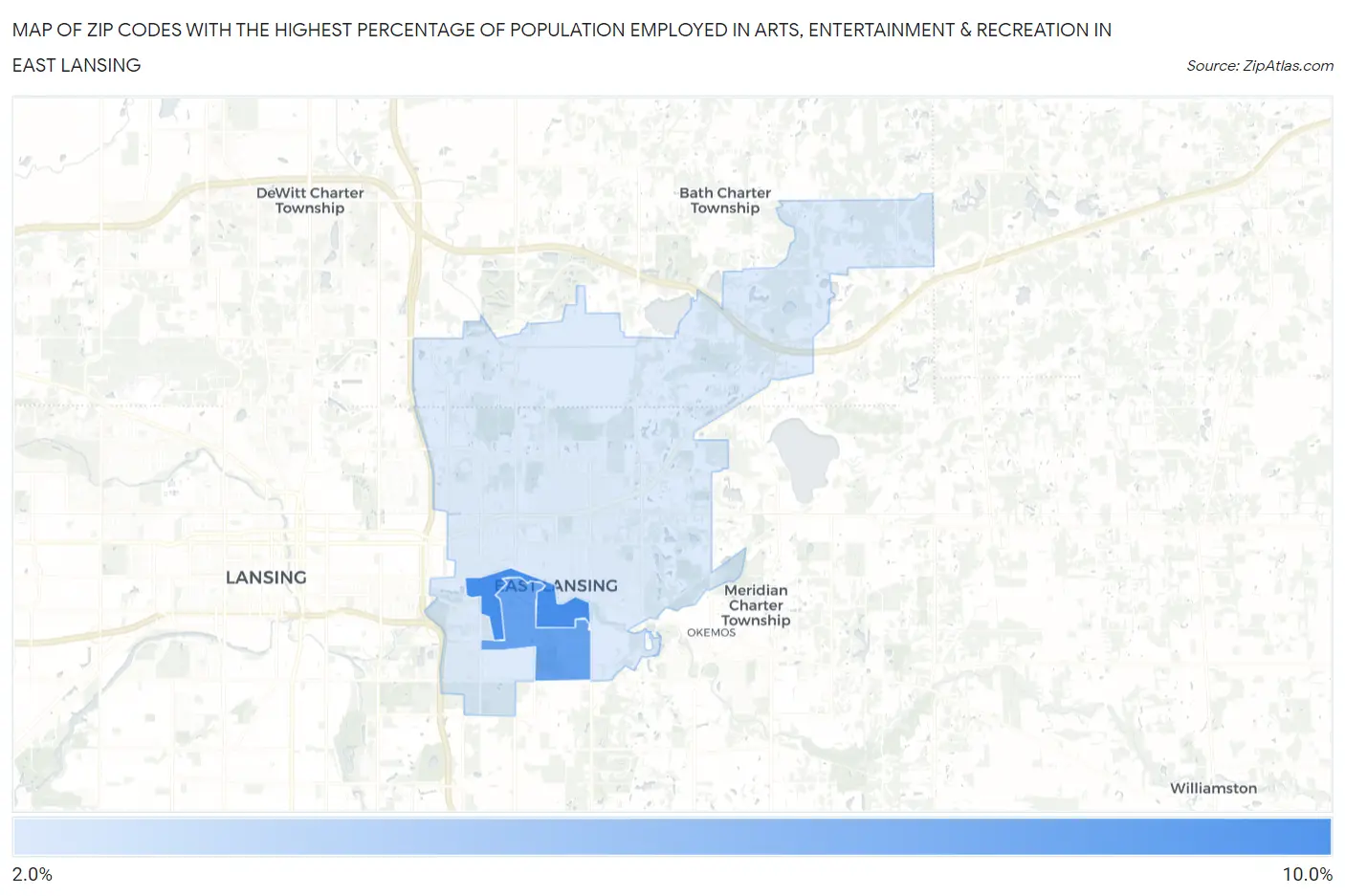 Zip Codes with the Highest Percentage of Population Employed in Arts, Entertainment & Recreation in East Lansing Map