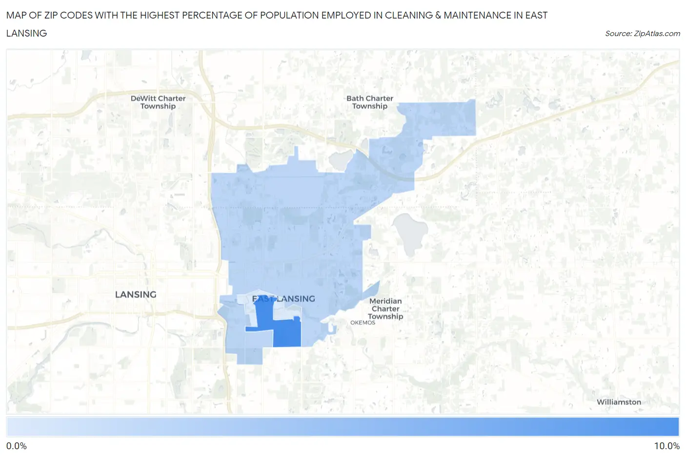 Zip Codes with the Highest Percentage of Population Employed in Cleaning & Maintenance in East Lansing Map