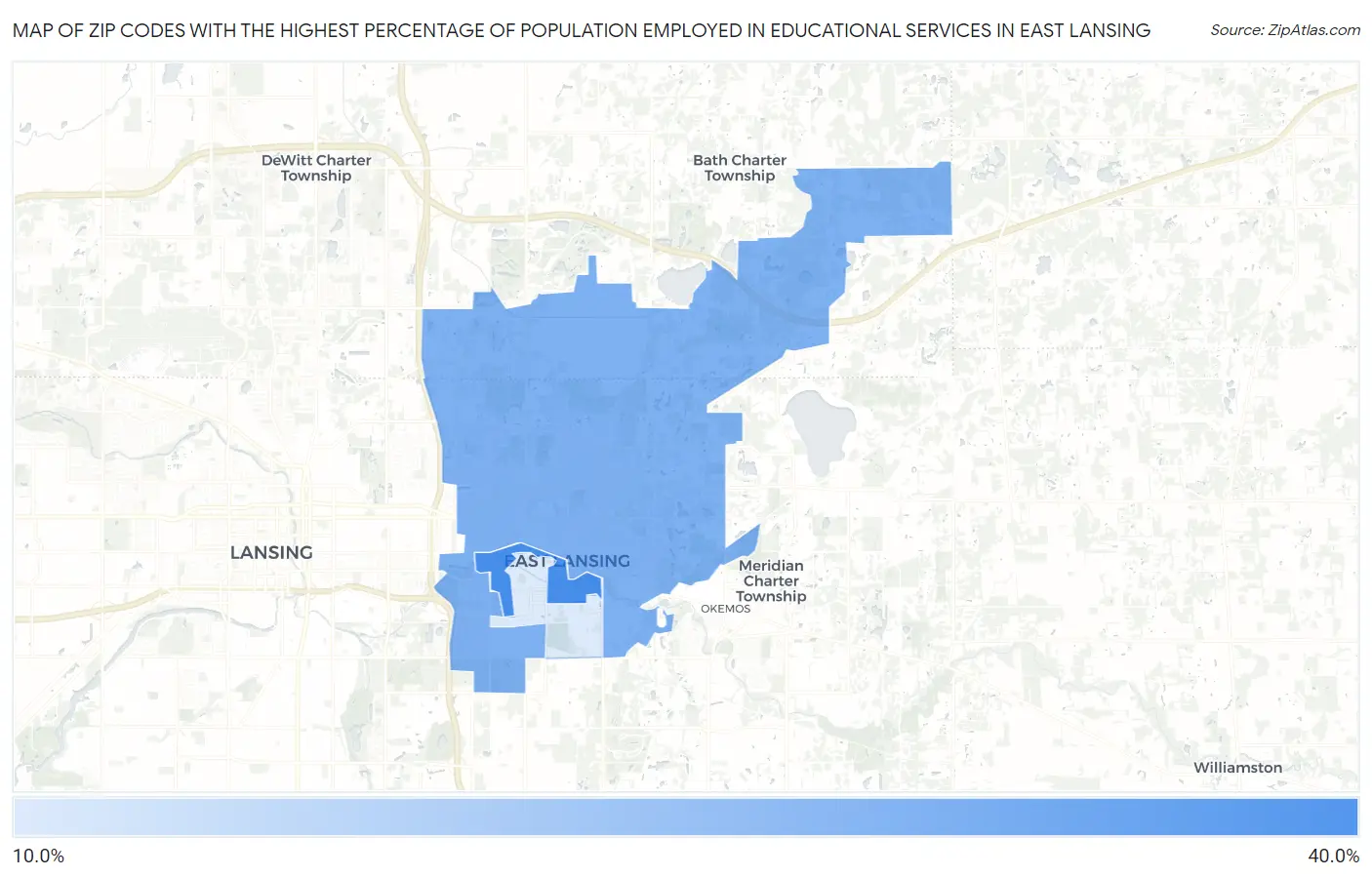 Zip Codes with the Highest Percentage of Population Employed in Educational Services in East Lansing Map