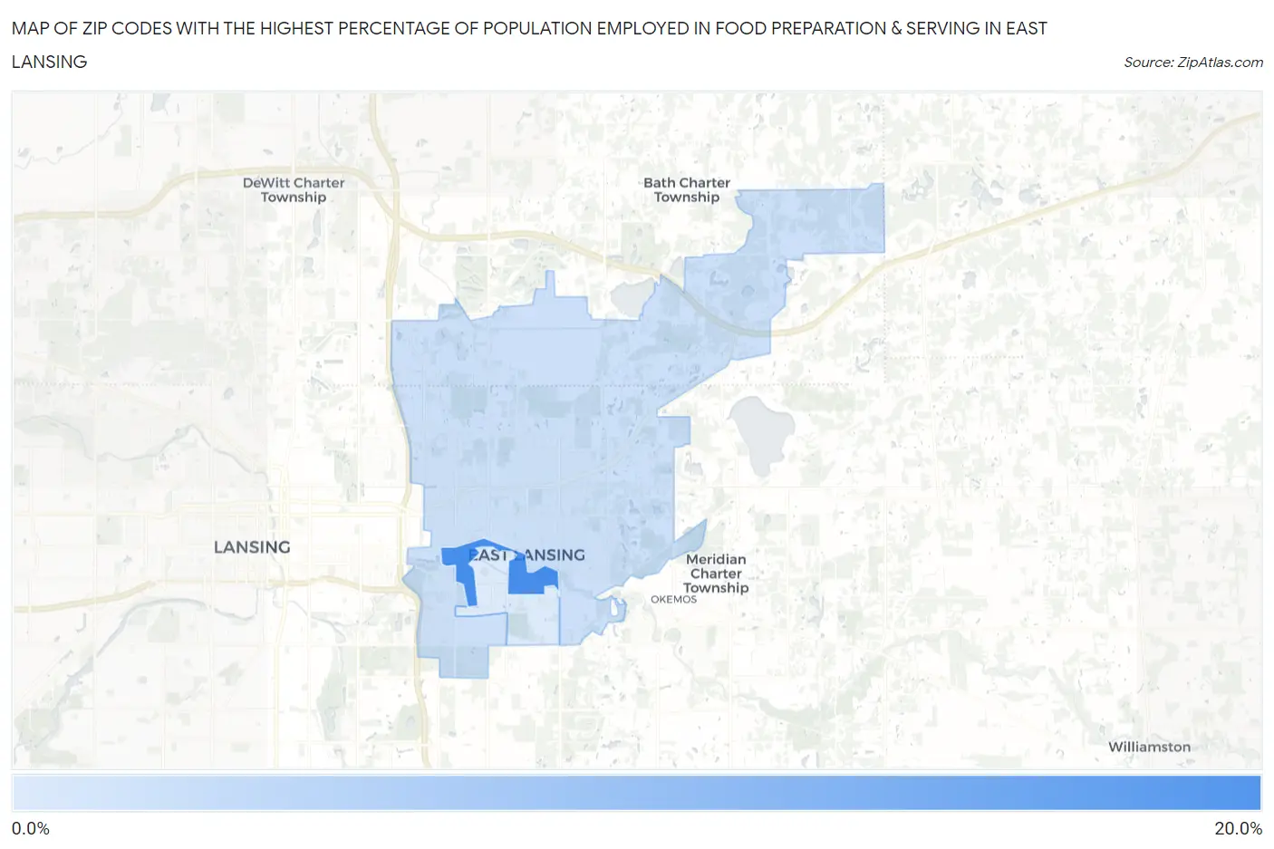Zip Codes with the Highest Percentage of Population Employed in Food Preparation & Serving in East Lansing Map