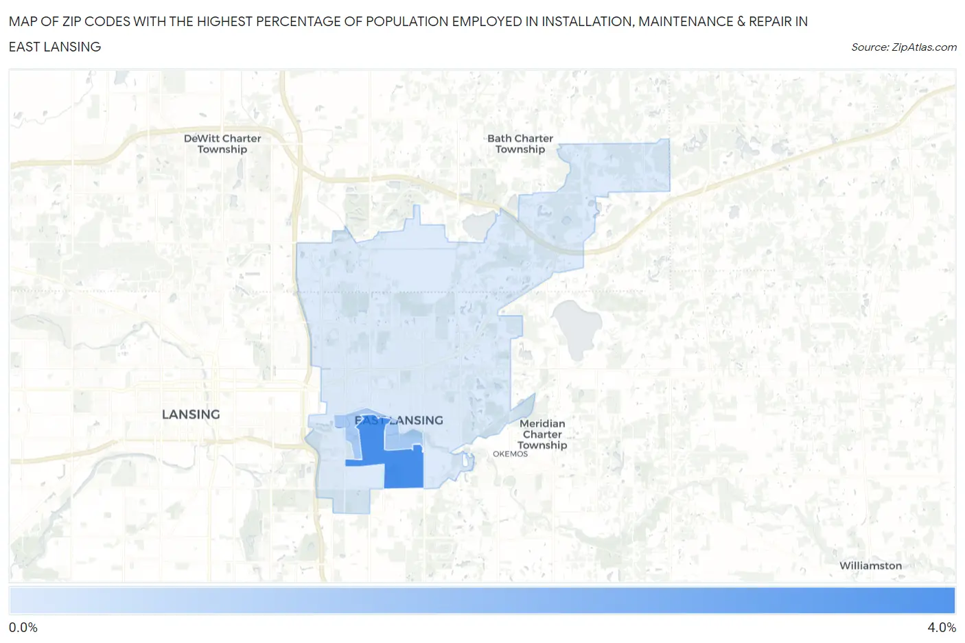 Zip Codes with the Highest Percentage of Population Employed in Installation, Maintenance & Repair in East Lansing Map