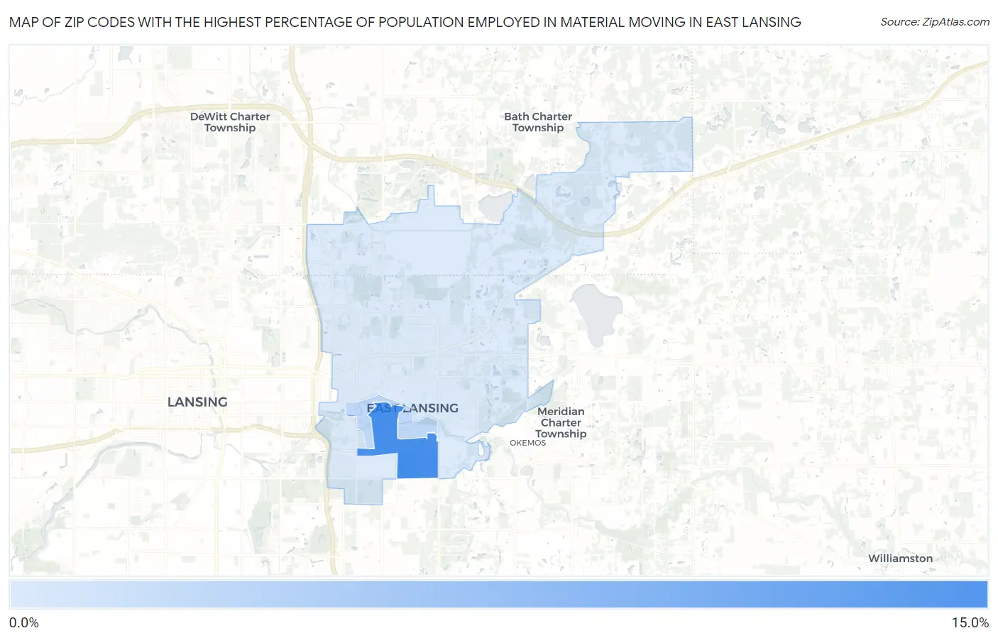 Zip Codes with the Highest Percentage of Population Employed in Material Moving in East Lansing Map