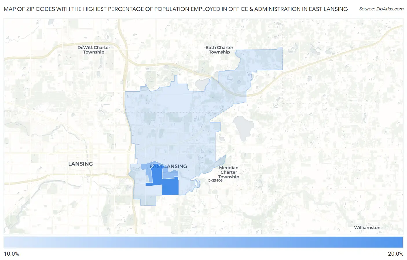 Zip Codes with the Highest Percentage of Population Employed in Office & Administration in East Lansing Map