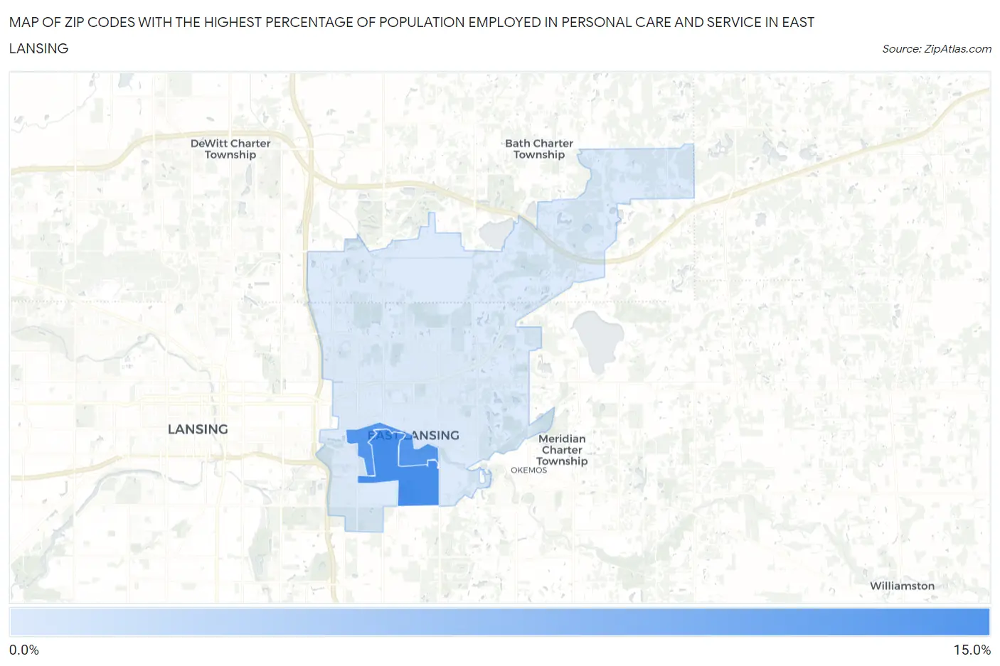 Zip Codes with the Highest Percentage of Population Employed in Personal Care and Service in East Lansing Map