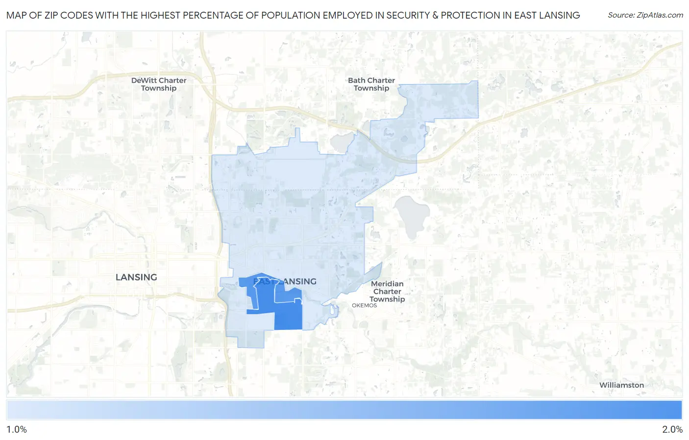 Zip Codes with the Highest Percentage of Population Employed in Security & Protection in East Lansing Map