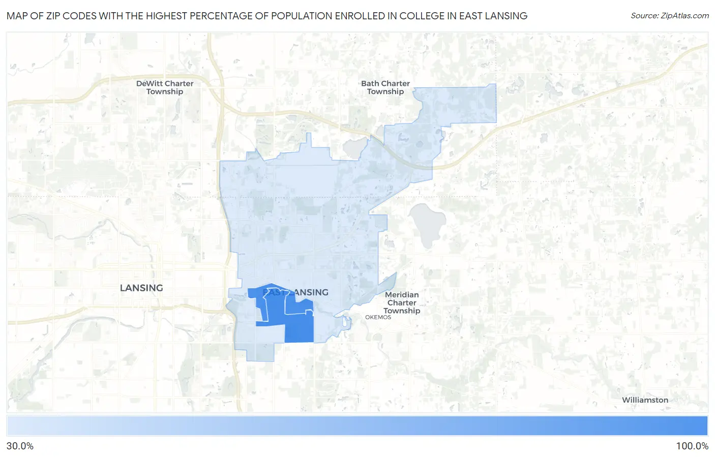 Zip Codes with the Highest Percentage of Population Enrolled in College in East Lansing Map