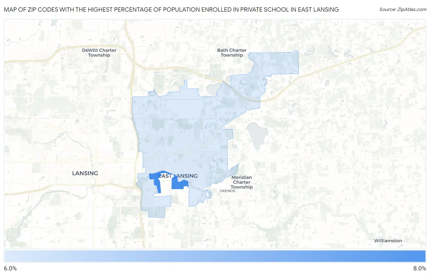 Zip Codes with the Highest Percentage of Population Enrolled in Private School in East Lansing Map
