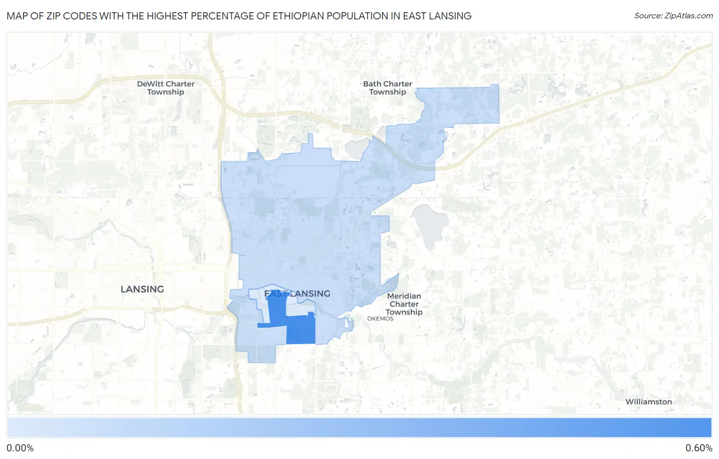 Zip Codes with the Highest Percentage of Ethiopian Population in East Lansing Map