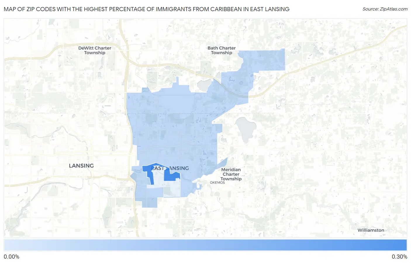 Zip Codes with the Highest Percentage of Immigrants from Caribbean in East Lansing Map