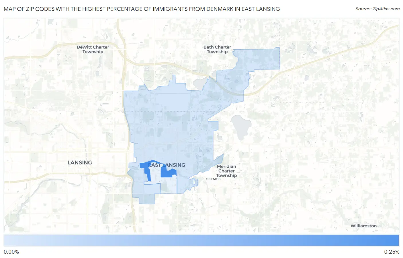 Zip Codes with the Highest Percentage of Immigrants from Denmark in East Lansing Map