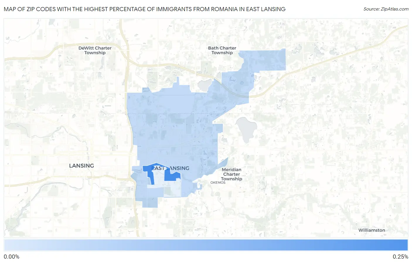 Zip Codes with the Highest Percentage of Immigrants from Romania in East Lansing Map