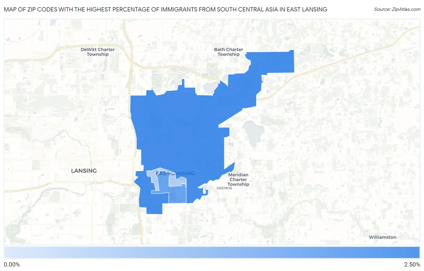 Zip Codes with the Highest Percentage of Immigrants from South Central Asia in East Lansing Map