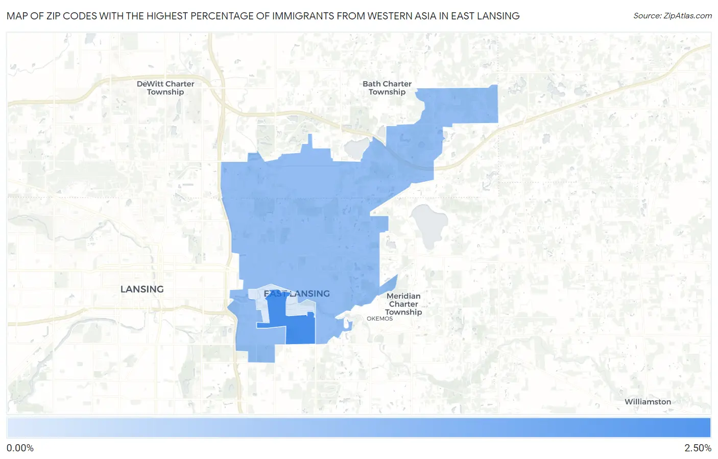 Zip Codes with the Highest Percentage of Immigrants from Western Asia in East Lansing Map