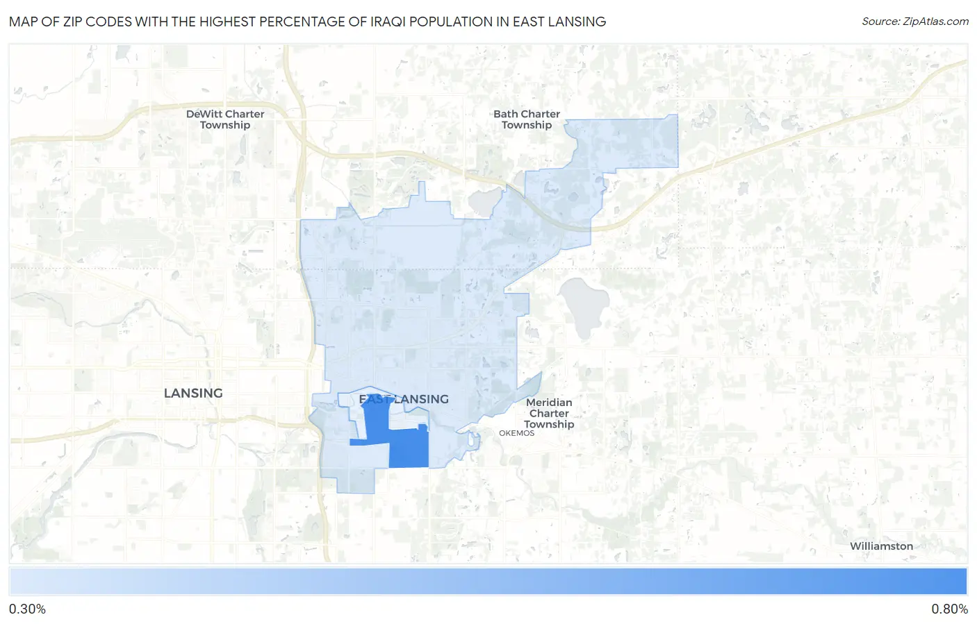 Zip Codes with the Highest Percentage of Iraqi Population in East Lansing Map