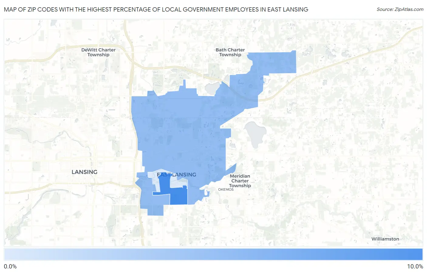 Zip Codes with the Highest Percentage of Local Government Employees in East Lansing Map