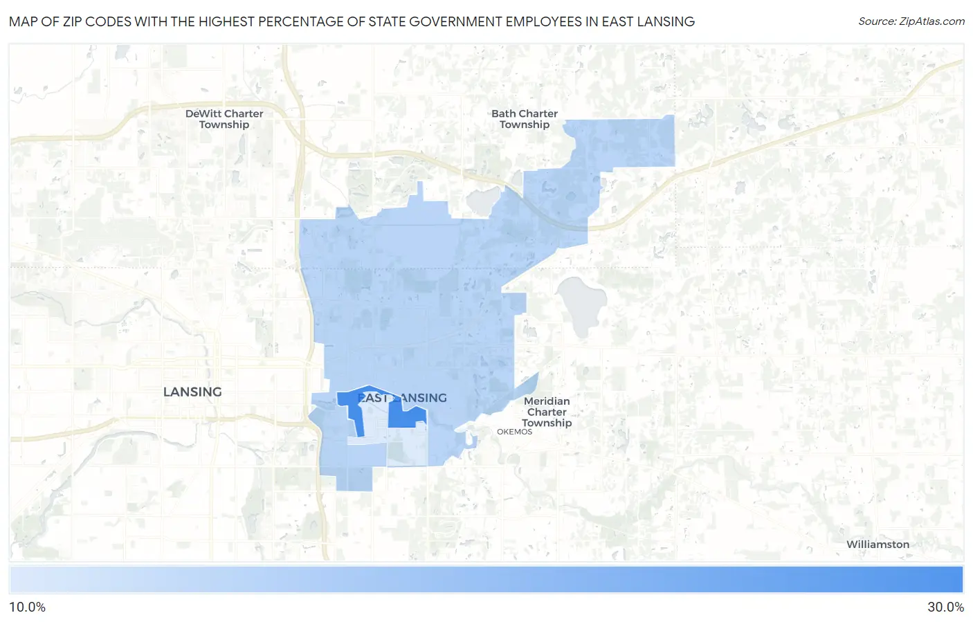 Zip Codes with the Highest Percentage of State Government Employees in East Lansing Map
