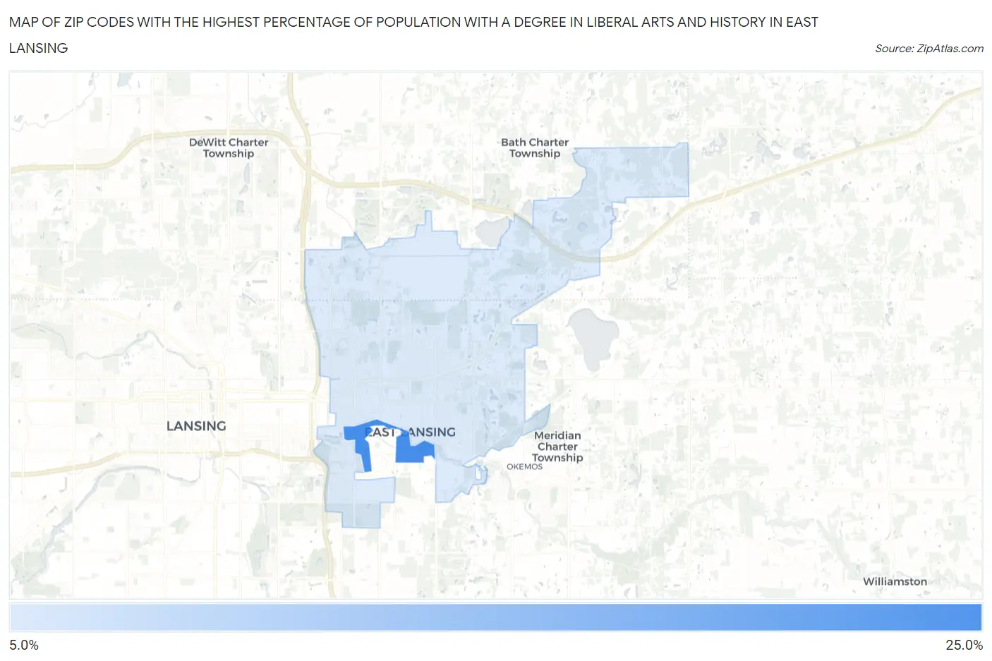 Zip Codes with the Highest Percentage of Population with a Degree in Liberal Arts and History in East Lansing Map