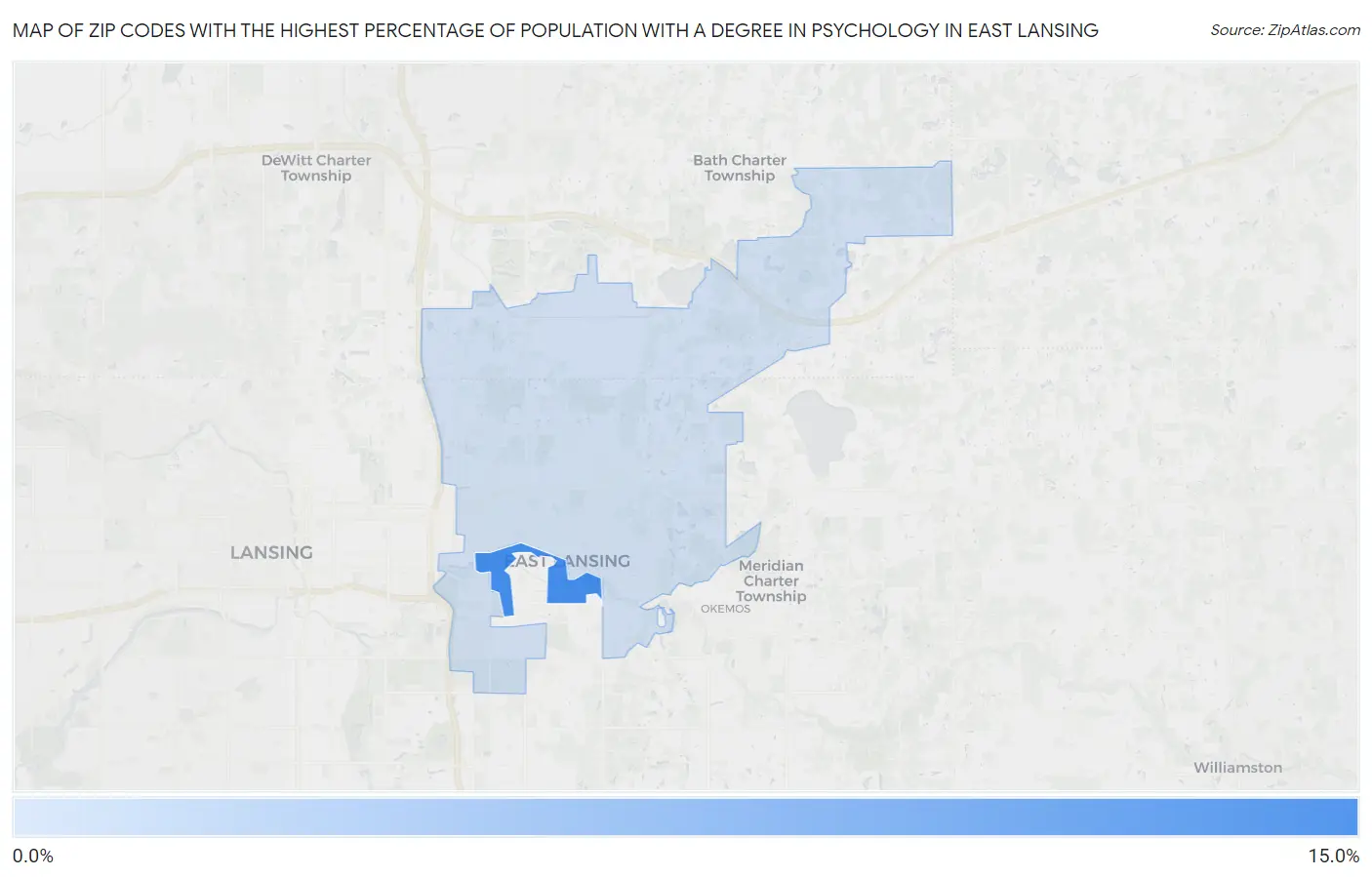 Zip Codes with the Highest Percentage of Population with a Degree in Psychology in East Lansing Map