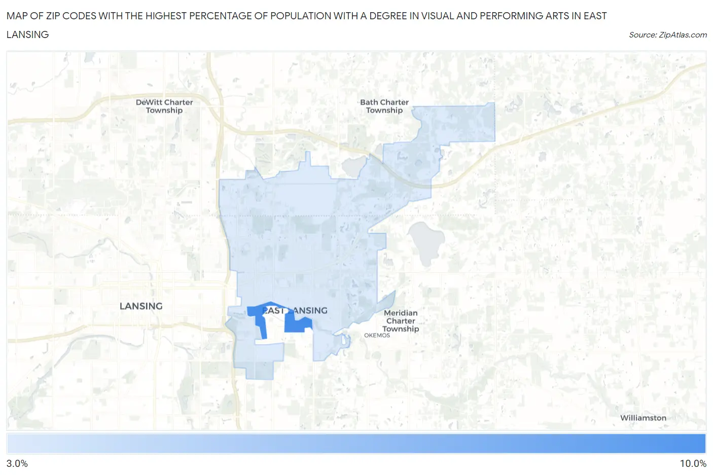 Zip Codes with the Highest Percentage of Population with a Degree in Visual and Performing Arts in East Lansing Map