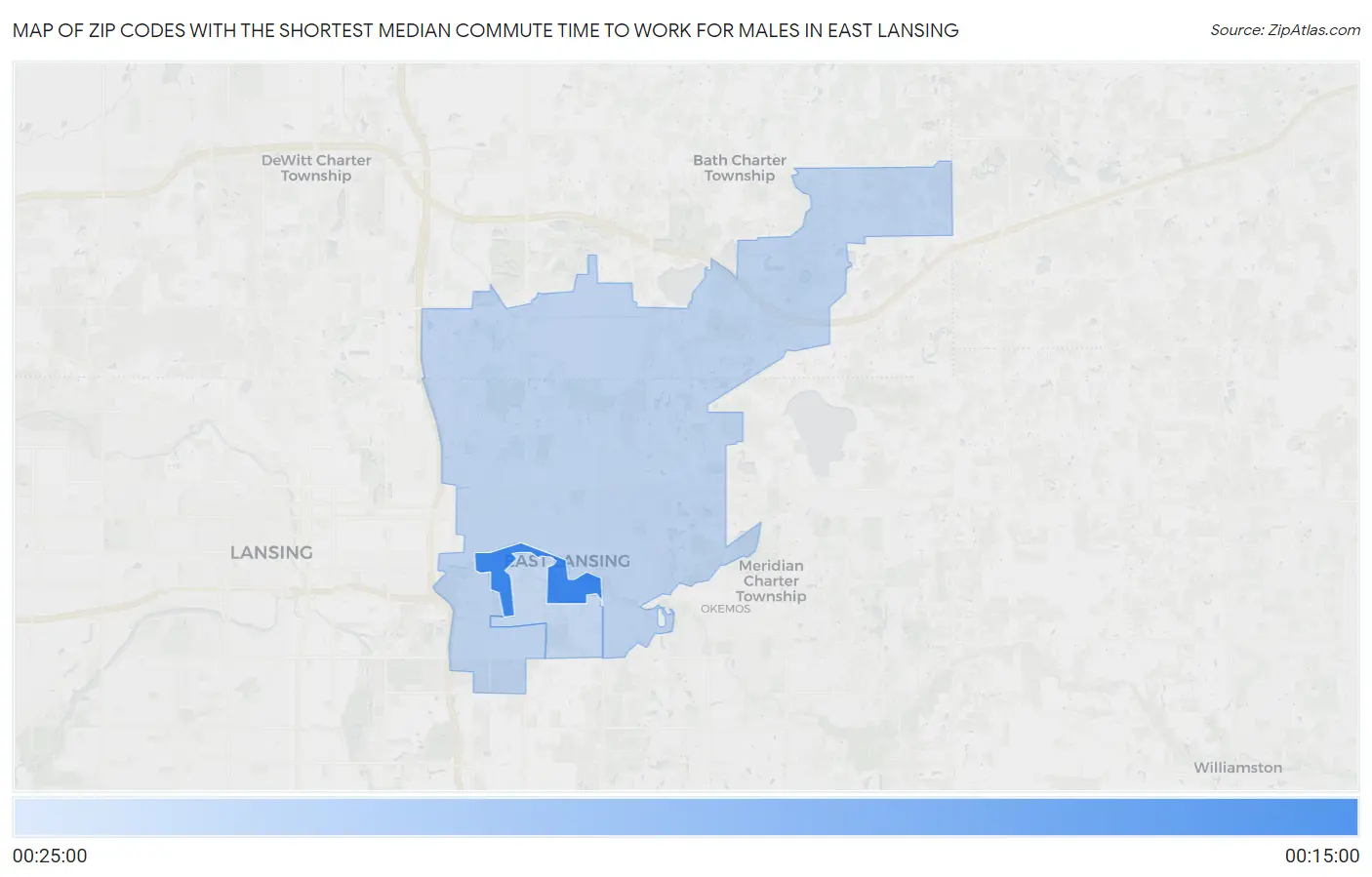 Zip Codes with the Shortest Median Commute Time to Work for Males in East Lansing Map