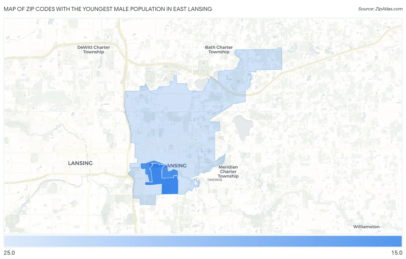 Zip Codes with the Youngest Male Population in East Lansing Map