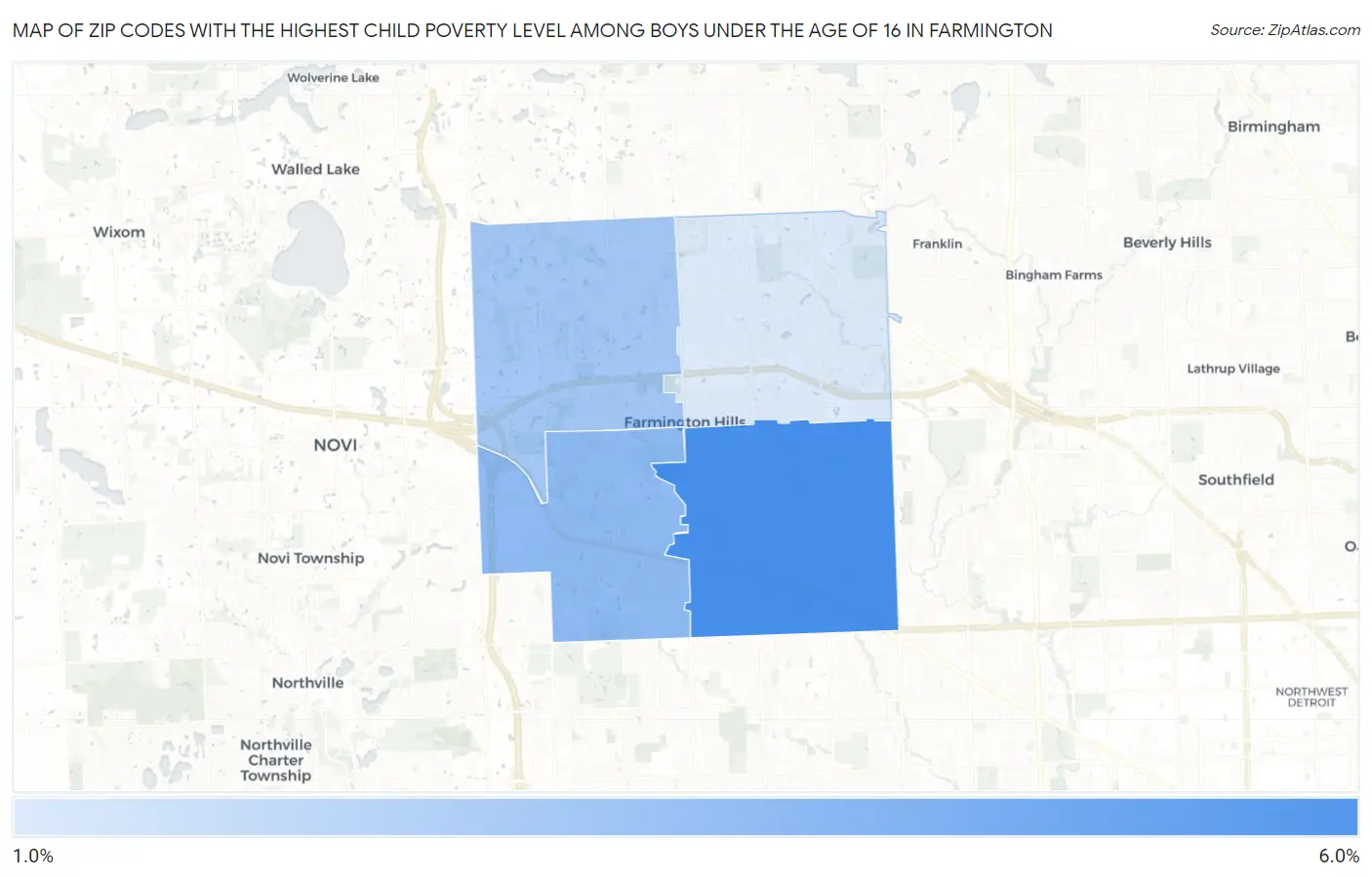 Zip Codes with the Highest Child Poverty Level Among Boys Under the Age of 16 in Farmington Map