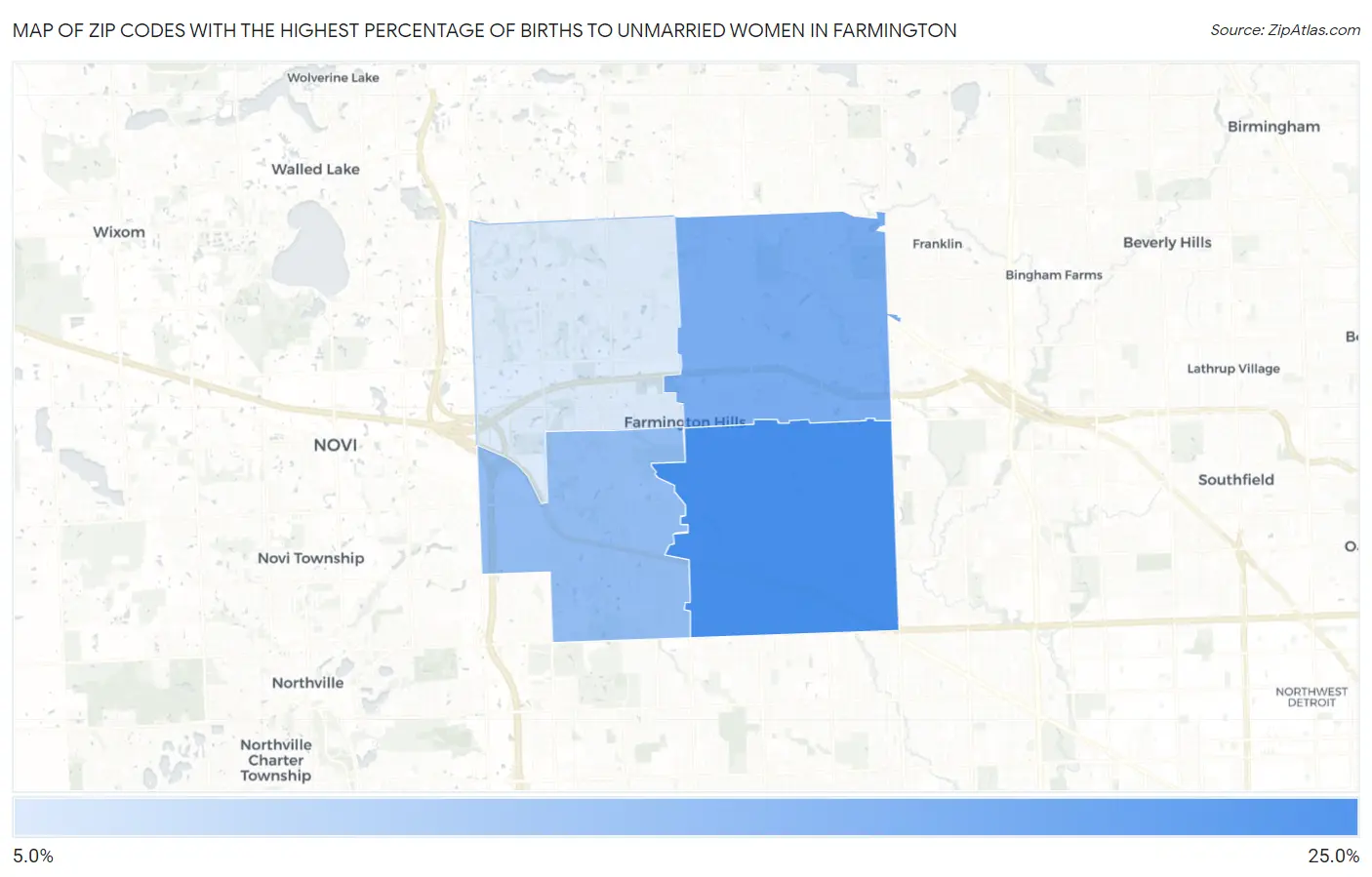 Zip Codes with the Highest Percentage of Births to Unmarried Women in Farmington Map