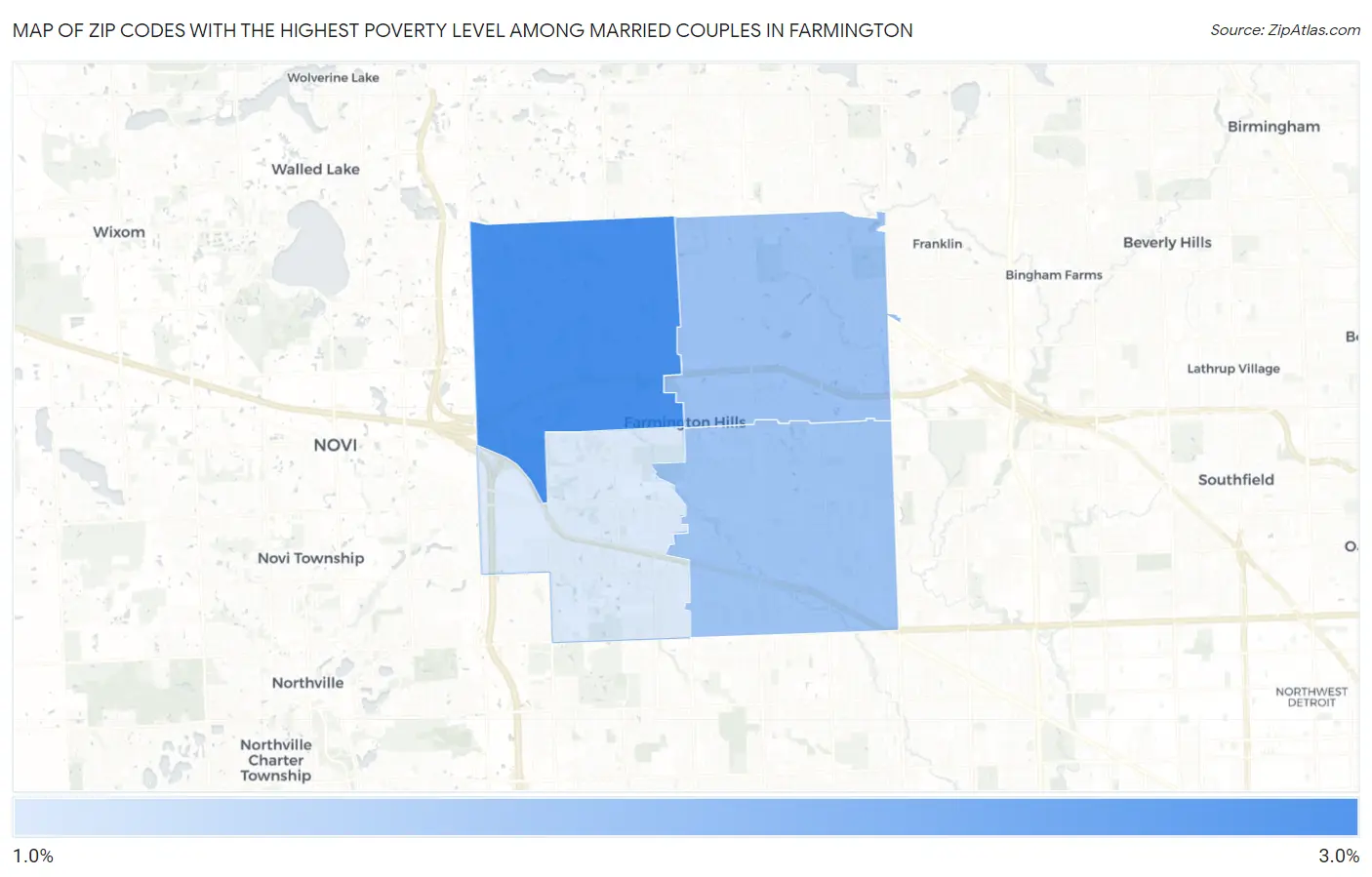 Zip Codes with the Highest Poverty Level Among Married Couples in Farmington Map