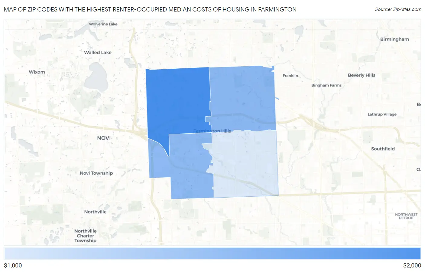 Zip Codes with the Highest Renter-Occupied Median Costs of Housing in Farmington Map