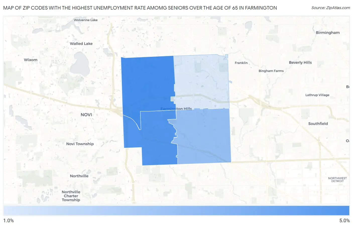 Zip Codes with the Highest Unemployment Rate Amomg Seniors Over the Age of 65 in Farmington Map