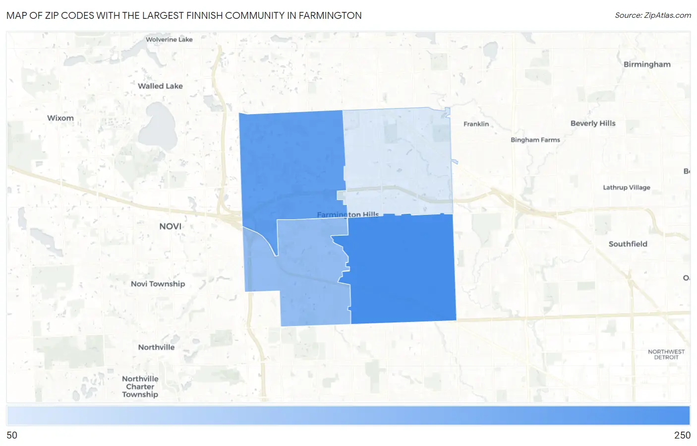 Zip Codes with the Largest Finnish Community in Farmington Map