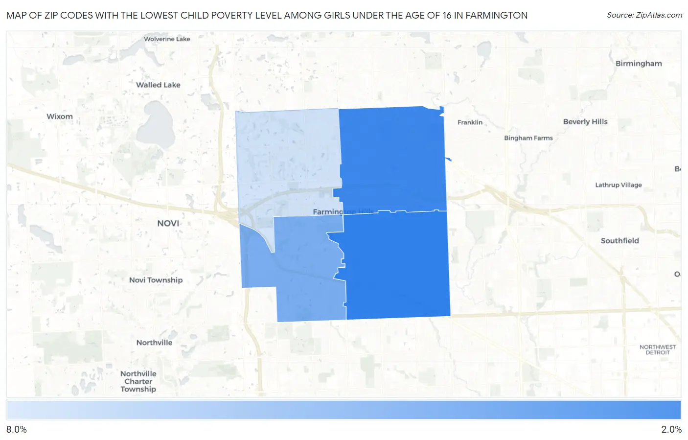 Zip Codes with the Lowest Child Poverty Level Among Girls Under the Age of 16 in Farmington Map