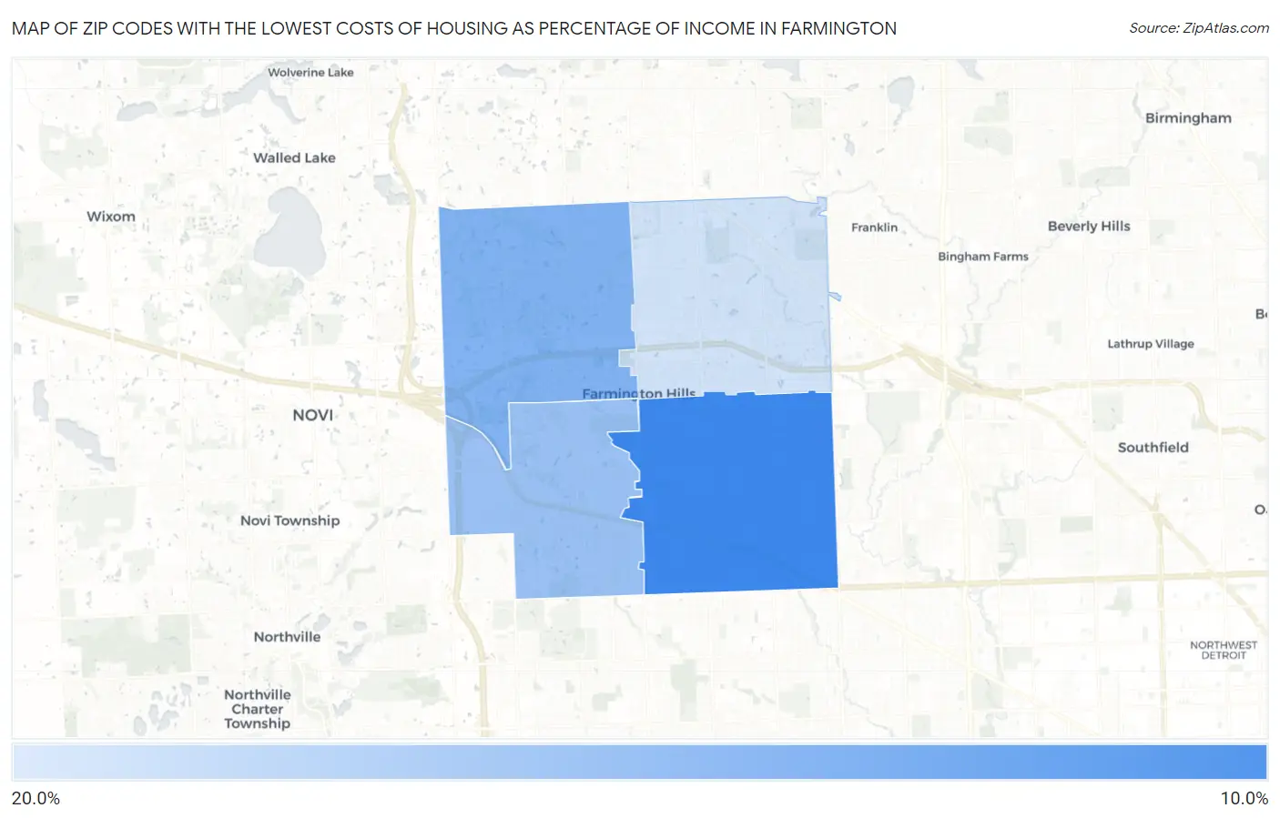 Zip Codes with the Lowest Costs of Housing as Percentage of Income in Farmington Map