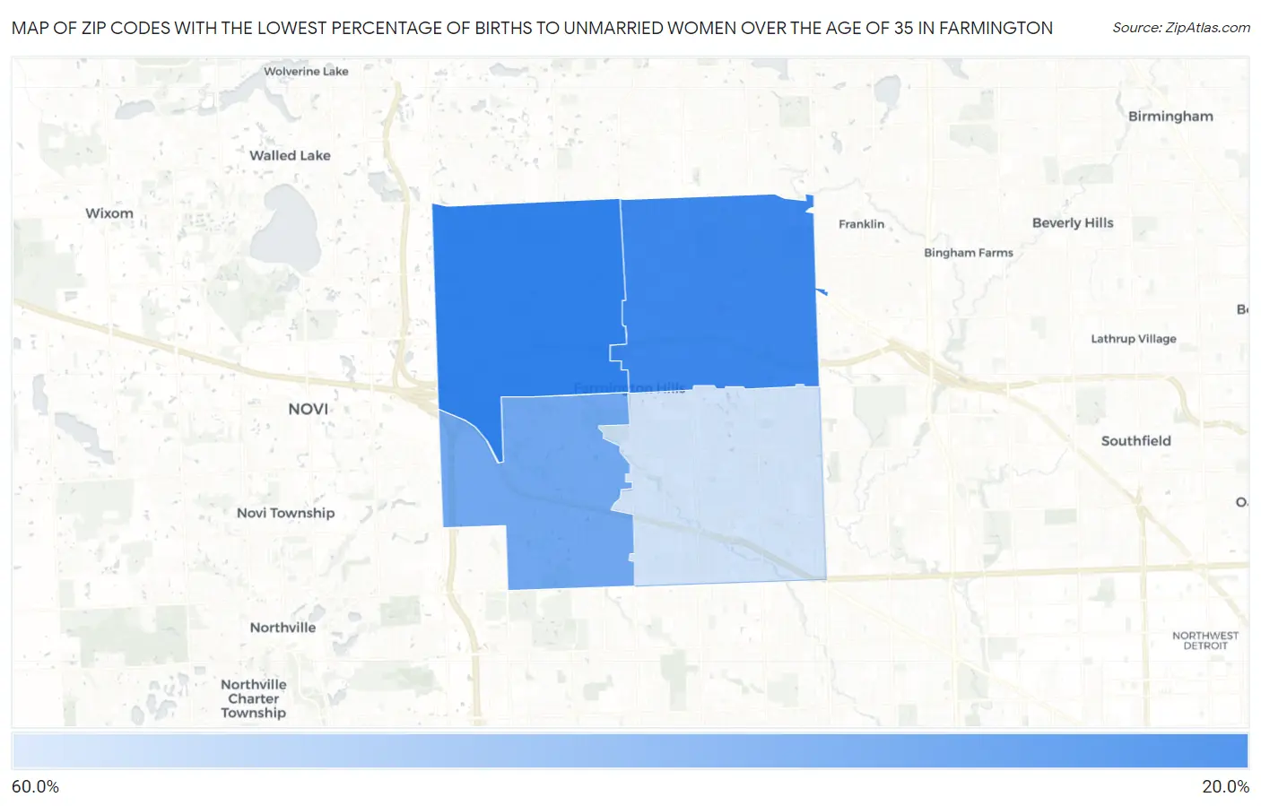 Zip Codes with the Lowest Percentage of Births to Unmarried Women over the Age of 35 in Farmington Map