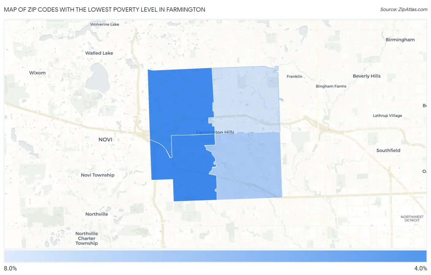 Zip Codes with the Lowest Poverty Level in Farmington Map
