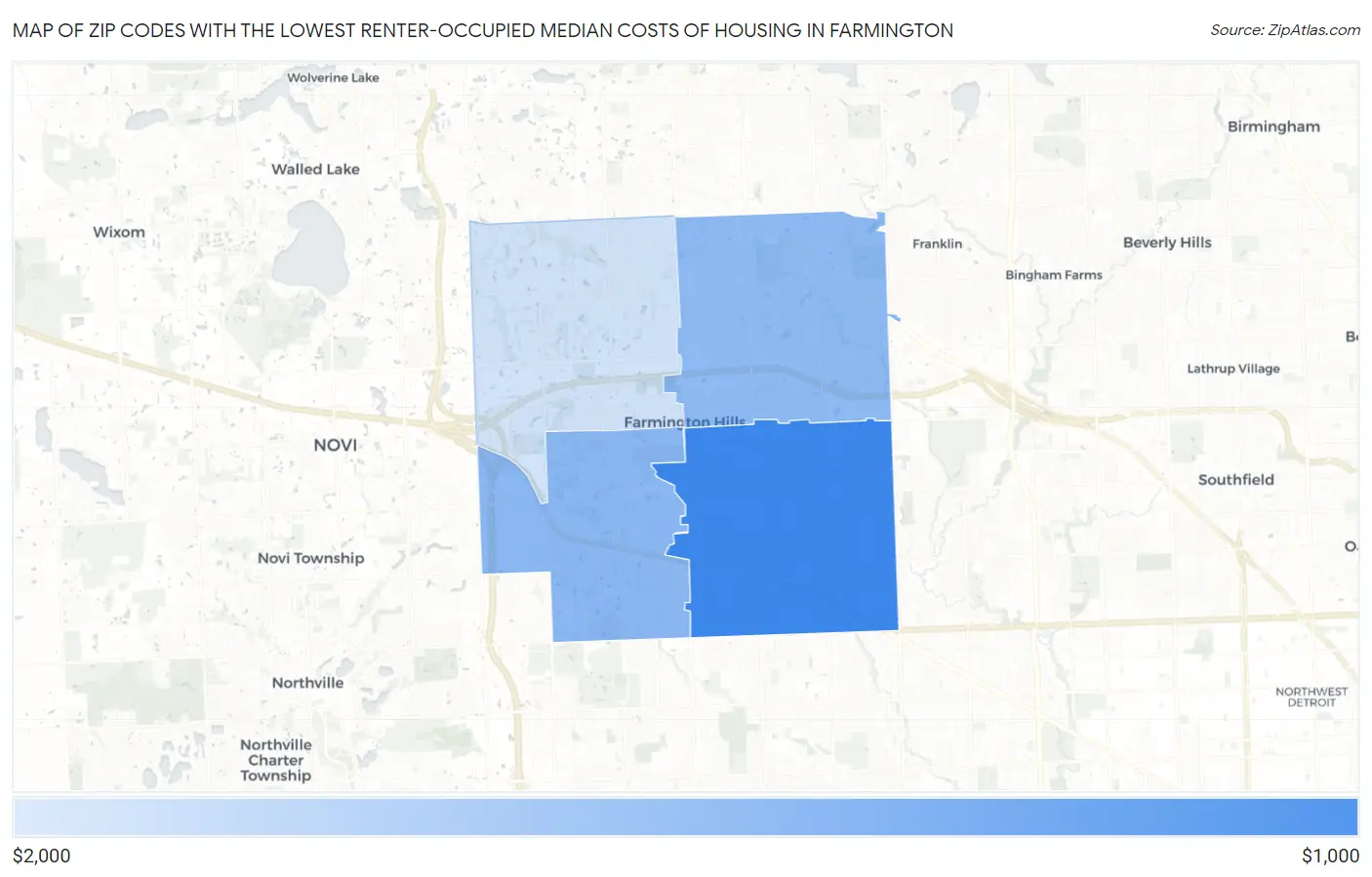 Zip Codes with the Lowest Renter-Occupied Median Costs of Housing in Farmington Map