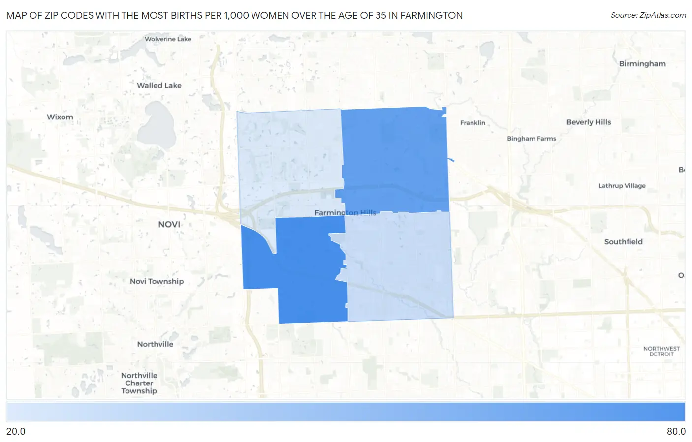 Zip Codes with the Most Births per 1,000 Women Over the Age of 35 in Farmington Map