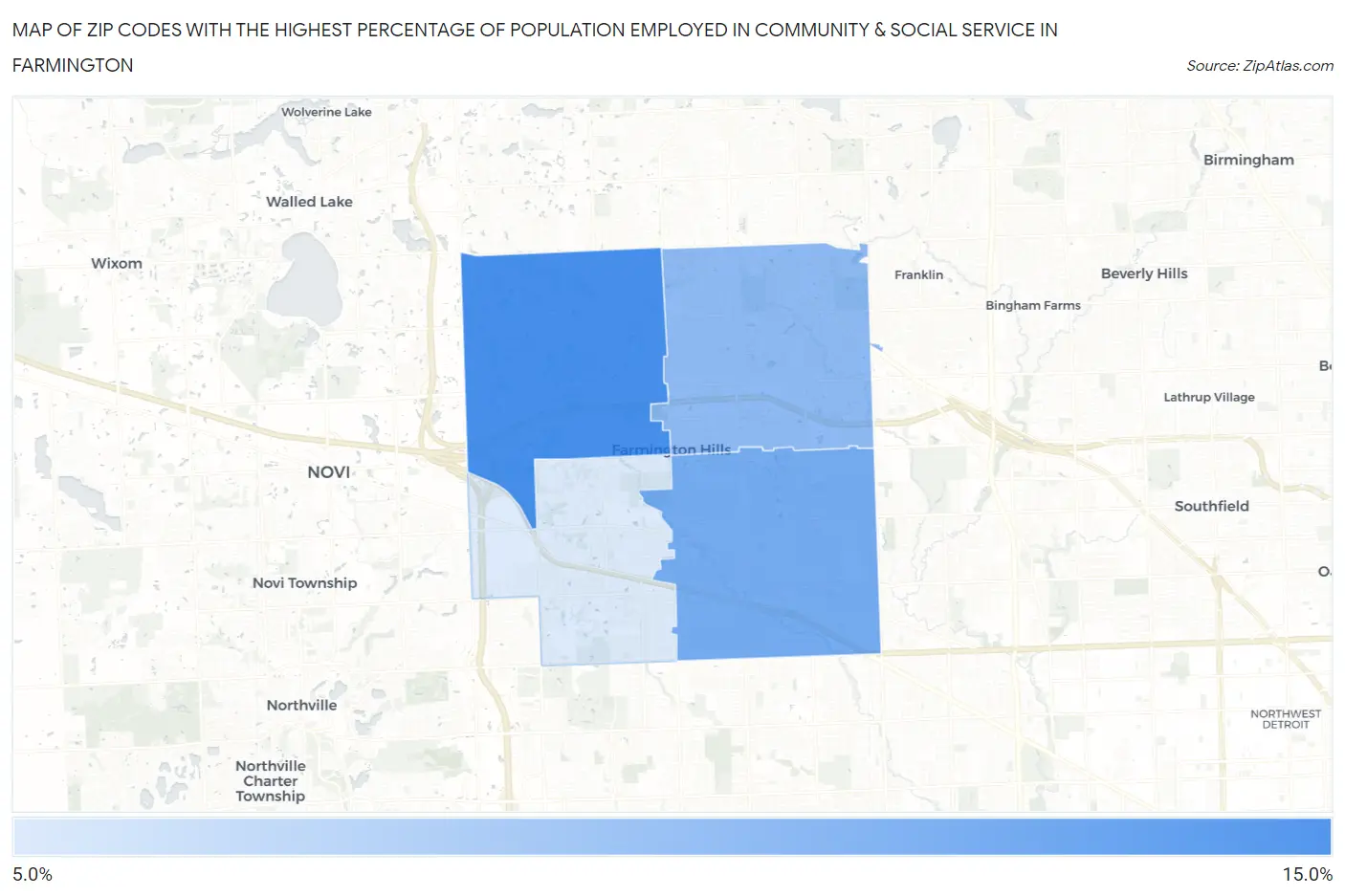 Zip Codes with the Highest Percentage of Population Employed in Community & Social Service  in Farmington Map