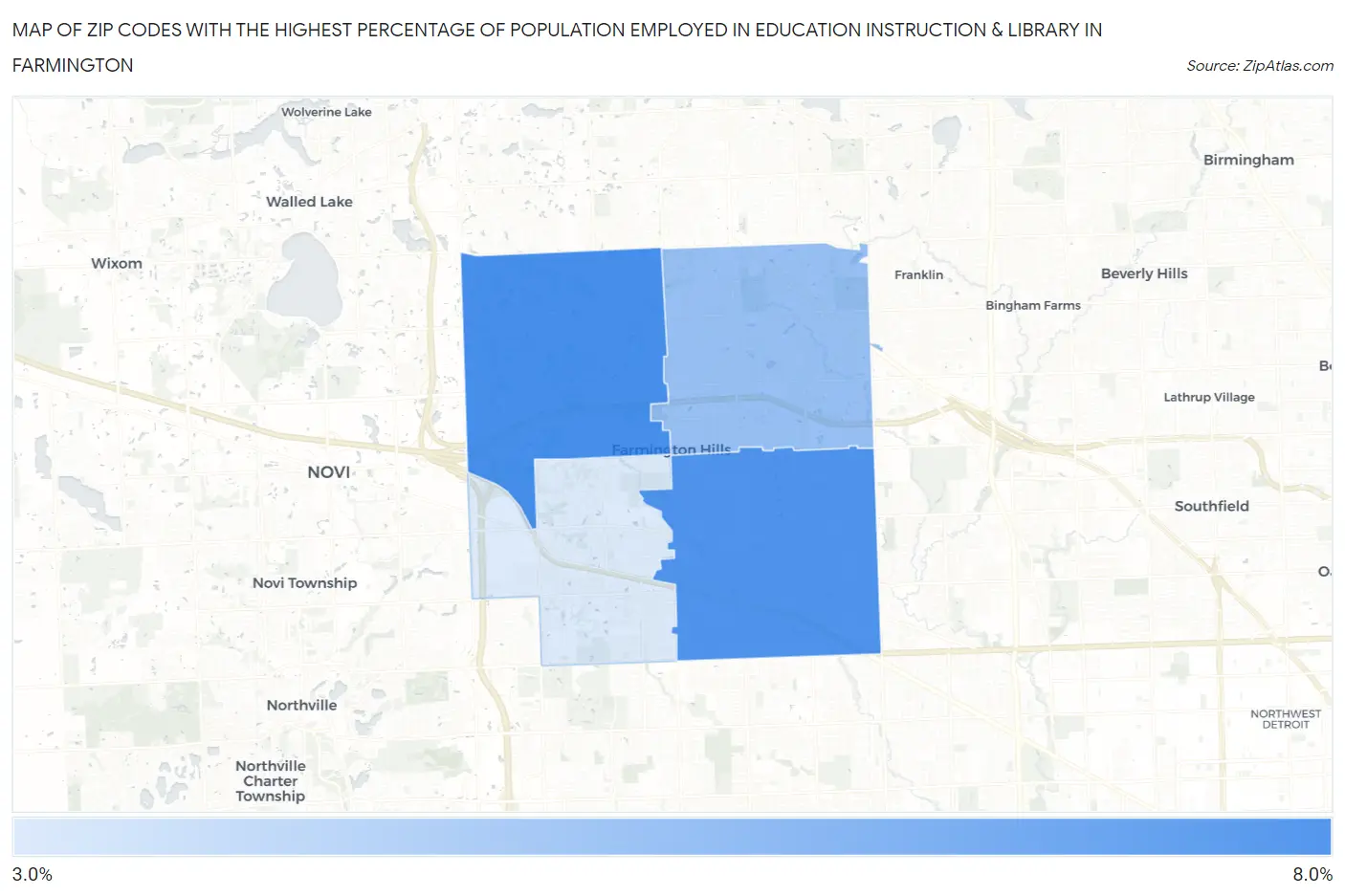 Zip Codes with the Highest Percentage of Population Employed in Education Instruction & Library in Farmington Map