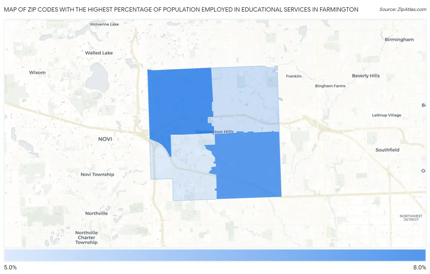 Zip Codes with the Highest Percentage of Population Employed in Educational Services in Farmington Map