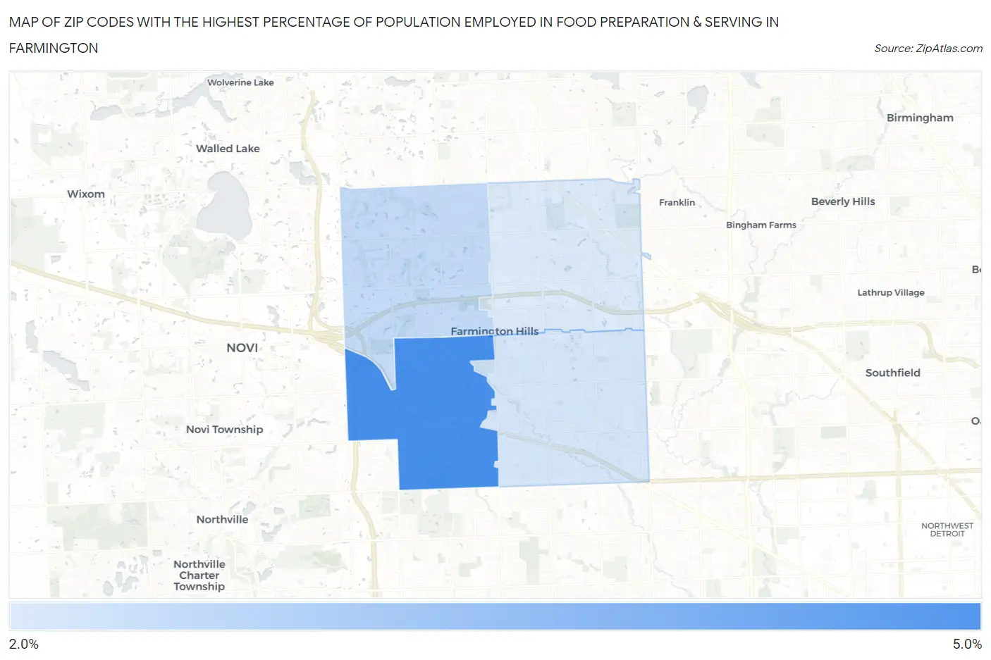 Zip Codes with the Highest Percentage of Population Employed in Food Preparation & Serving in Farmington Map
