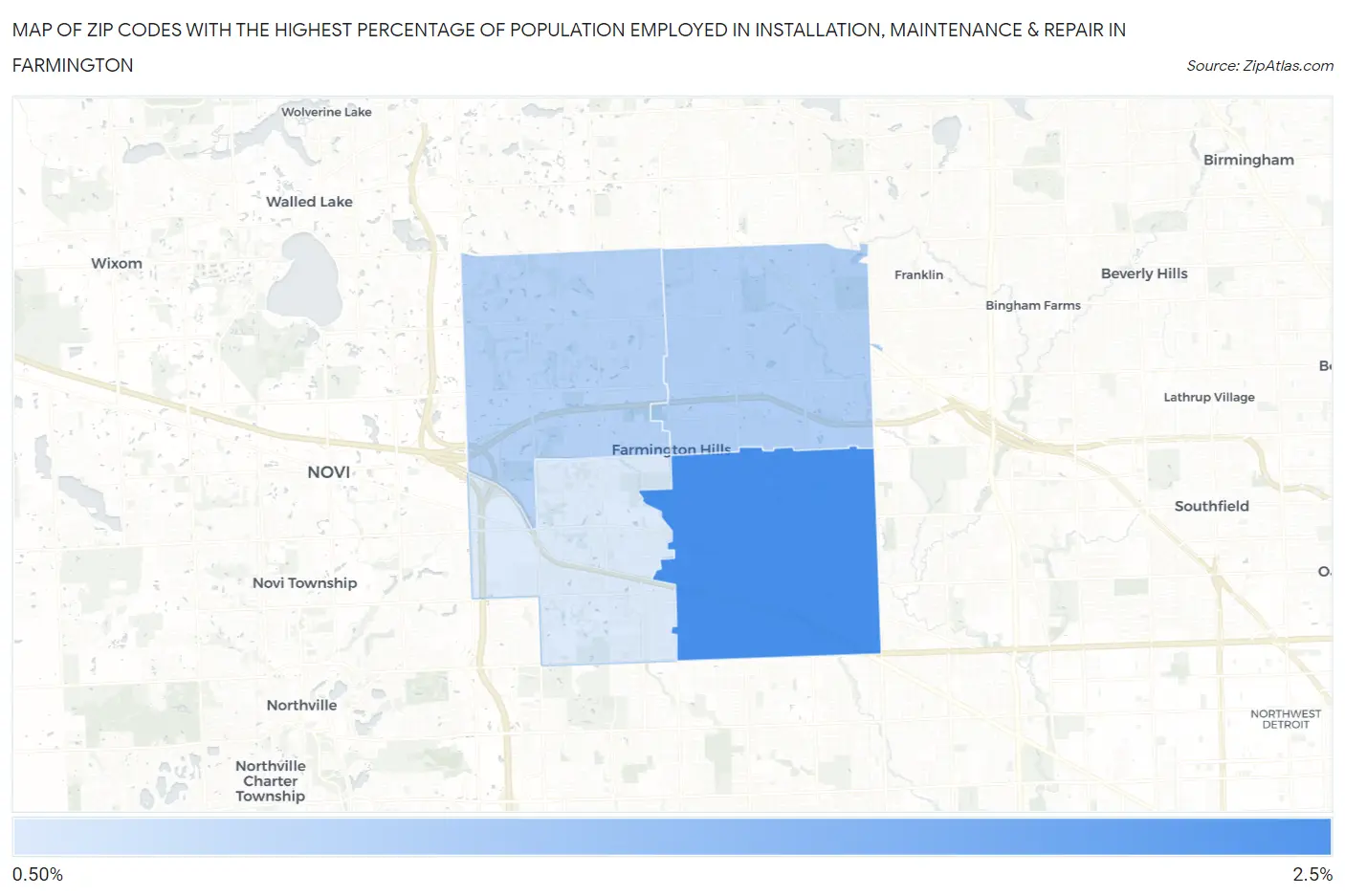 Zip Codes with the Highest Percentage of Population Employed in Installation, Maintenance & Repair in Farmington Map