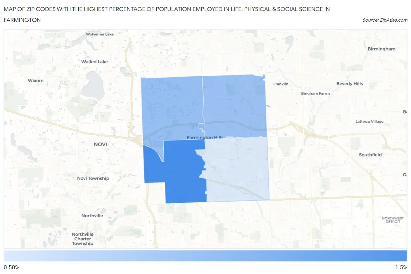 Zip Codes with the Highest Percentage of Population Employed in Life, Physical & Social Science in Farmington Map