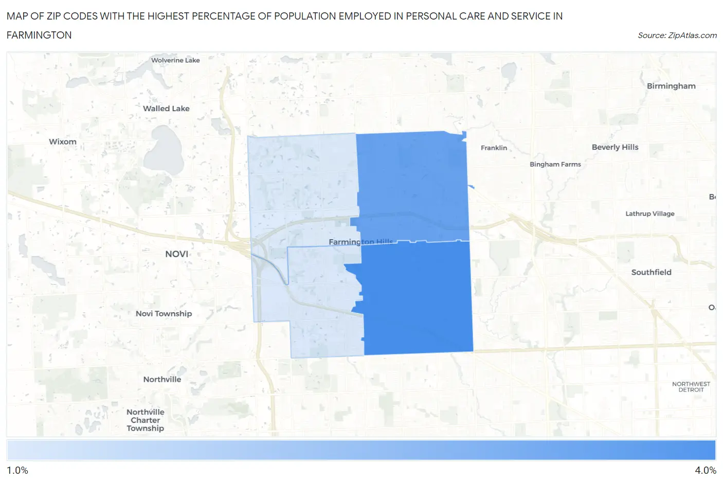 Zip Codes with the Highest Percentage of Population Employed in Personal Care and Service in Farmington Map