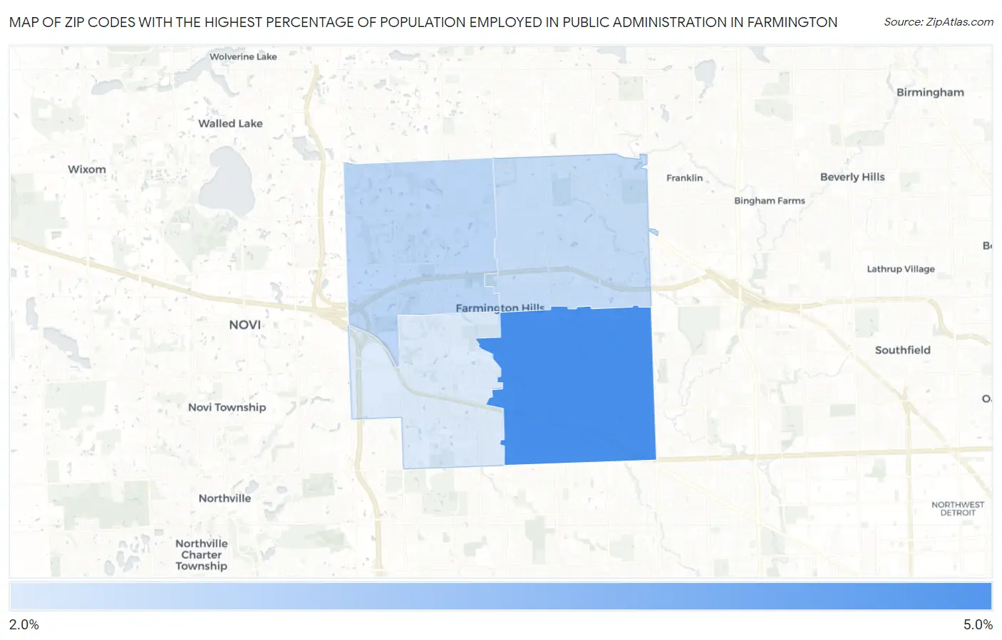 Zip Codes with the Highest Percentage of Population Employed in Public Administration in Farmington Map