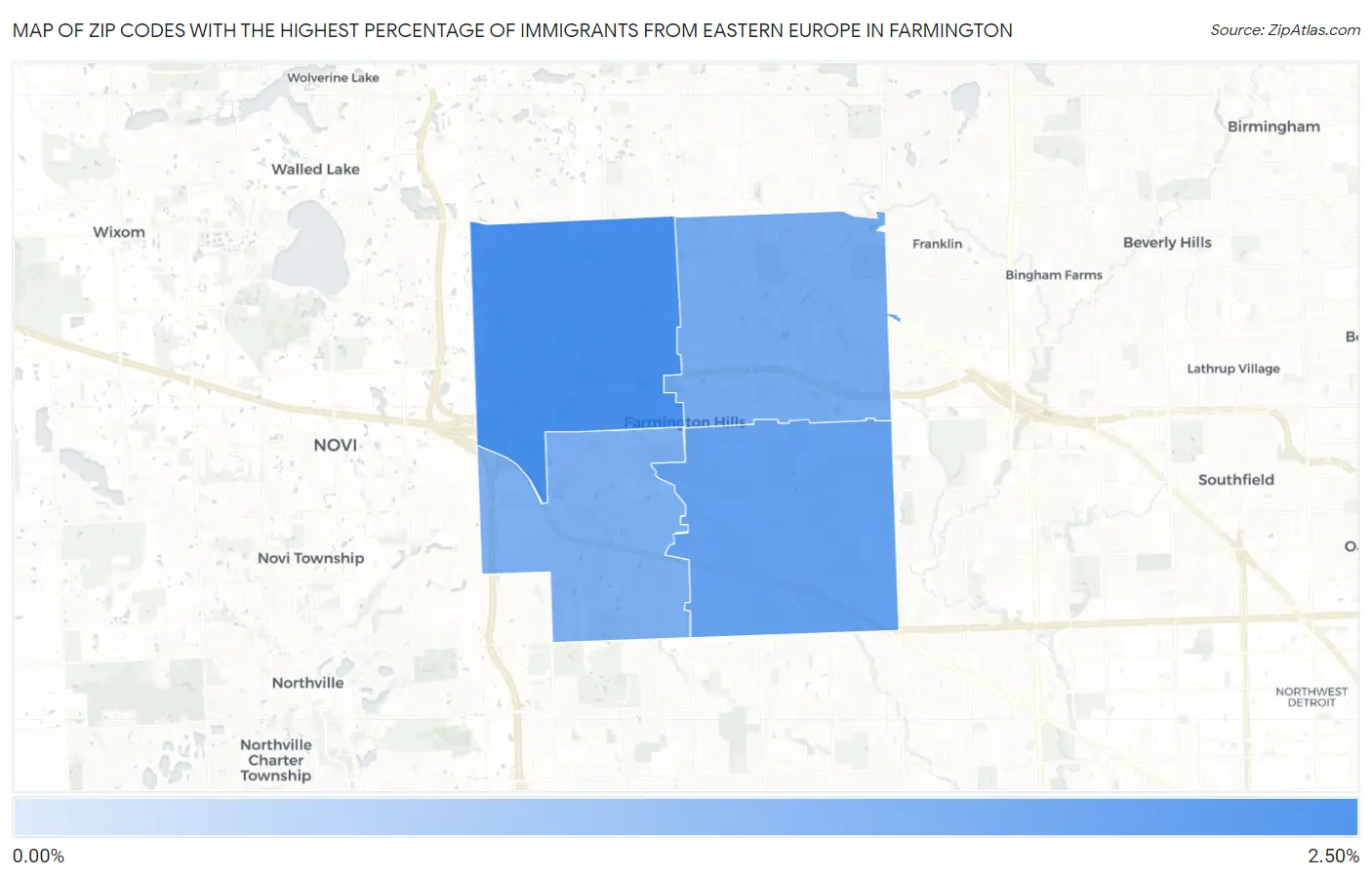 Zip Codes with the Highest Percentage of Immigrants from Eastern Europe in Farmington Map
