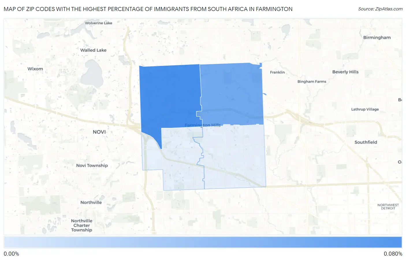 Zip Codes with the Highest Percentage of Immigrants from South Africa in Farmington Map