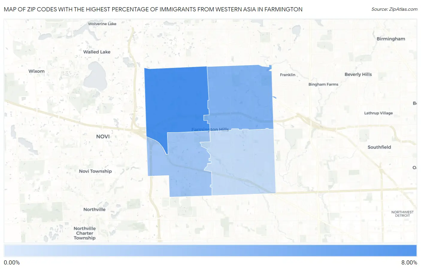 Zip Codes with the Highest Percentage of Immigrants from Western Asia in Farmington Map