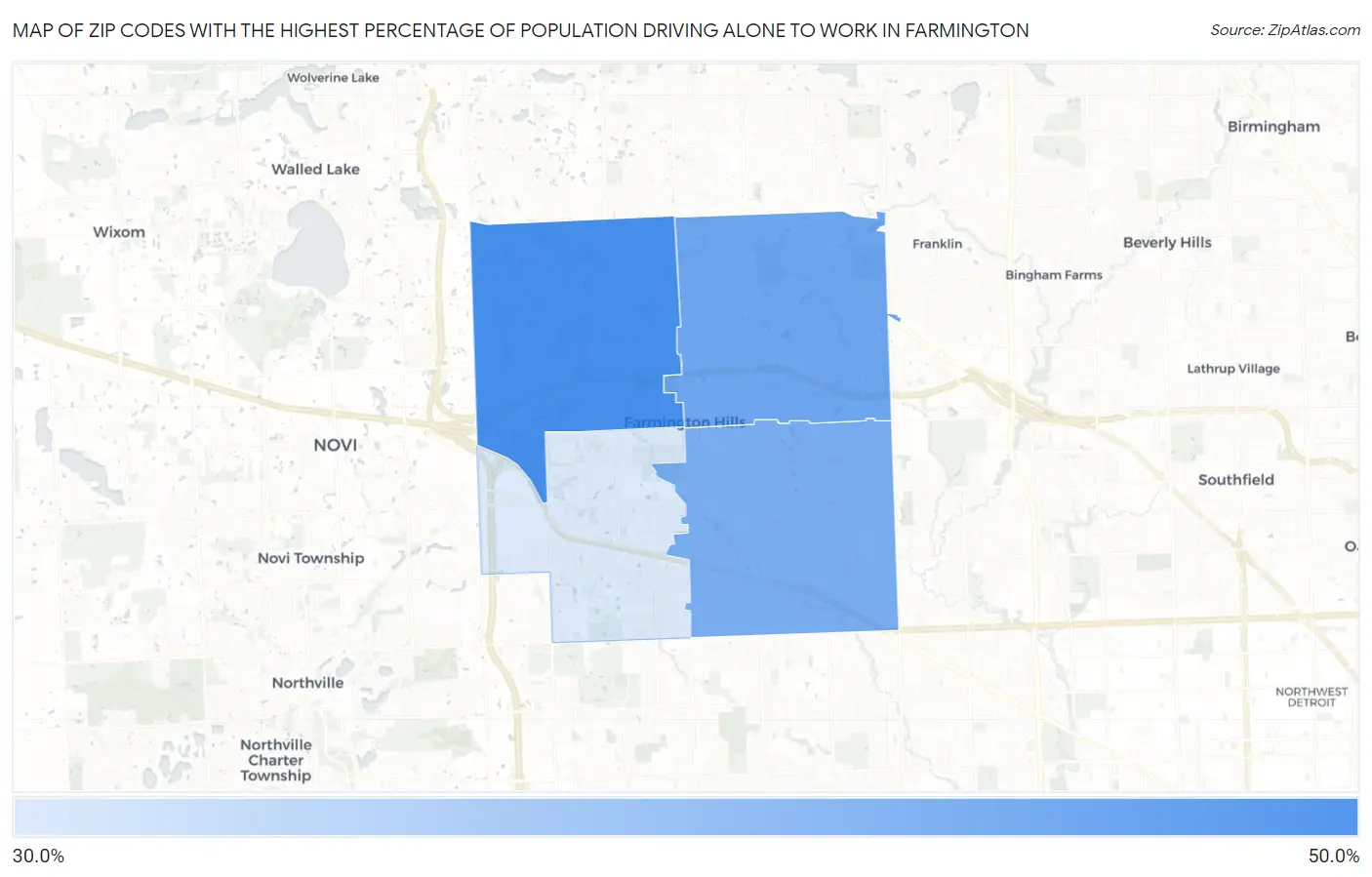 Zip Codes with the Highest Percentage of Population Driving Alone to Work in Farmington Map
